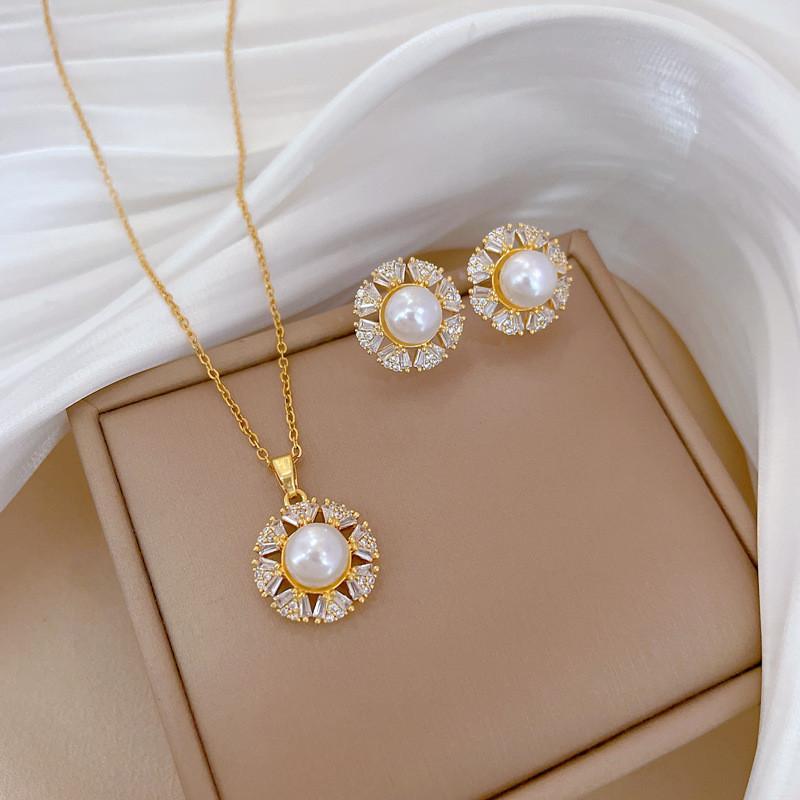 Light Luxury Cherry Flower Zircon Jewelry Sets Stainless Steel Chains Geometric Pendant Necklace Earrings Gifts For Women Girls