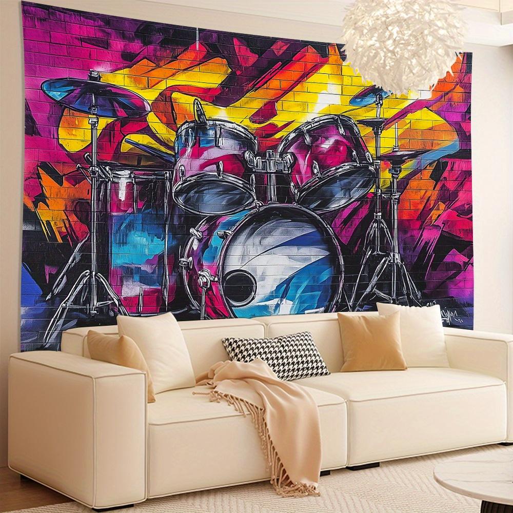 Graffiti Drum Set Tapestry, Colorful Street Art with Musical Instruments, Rock Music Wall Hanging for Living Room Bedroom Decor