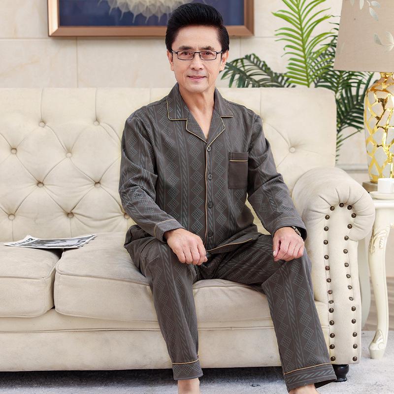 Men's Plus Size Cotton Pajama Set - Long-Sleeved, Ideal for Middle-Aged & Elderly, Spring to Winter Wear