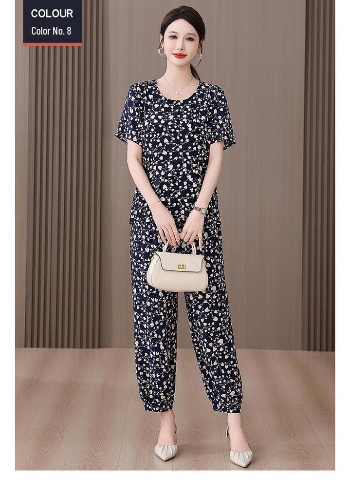 Mother's Summer Two-piece Cotton Silk Pajama Set - Short Sleeve for Women, Wear Indoors or Outside