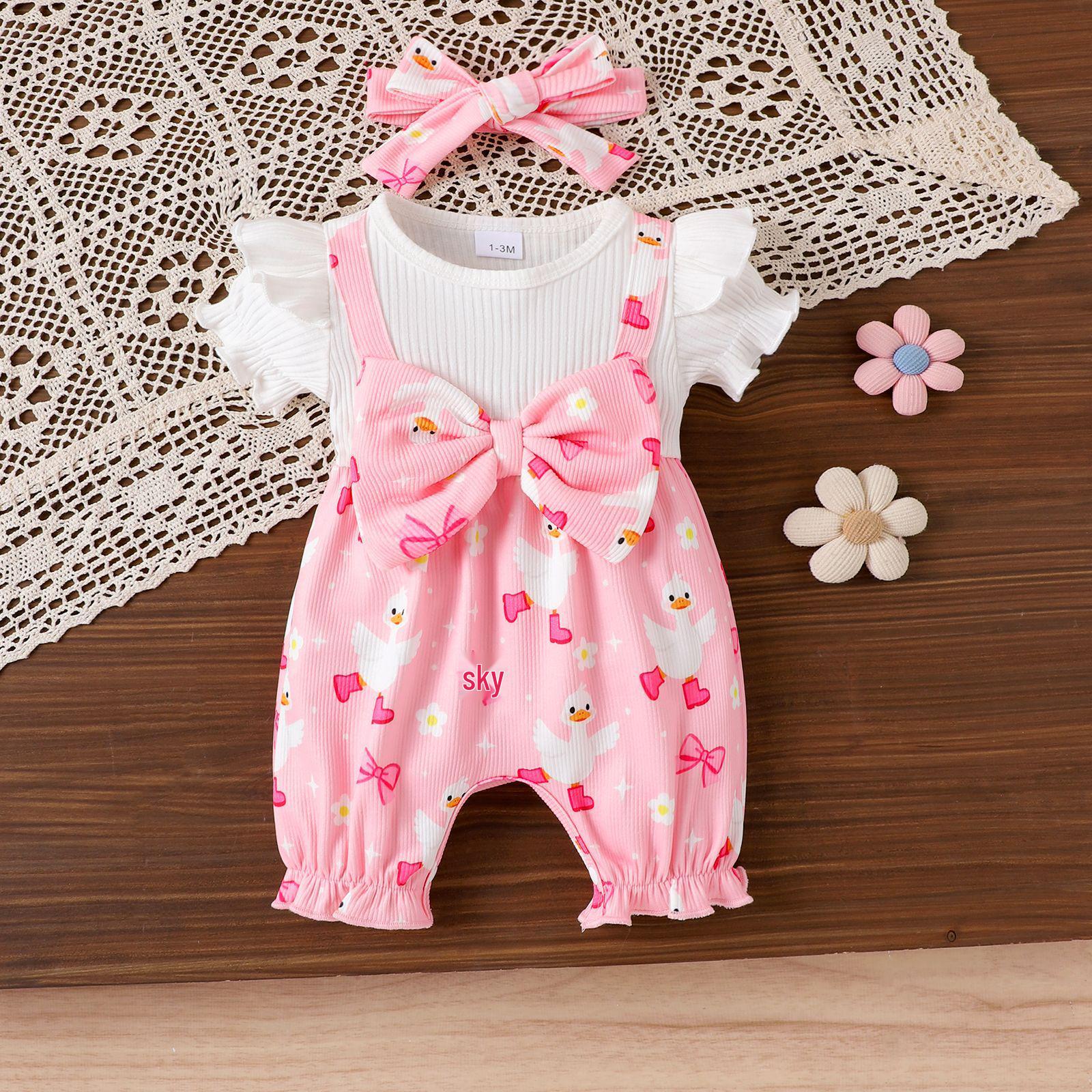 

European & American Kids’ White Long-Sleeved Pink Patchwork Jumpsuit for Girls 6-9 Months рожевий/білий