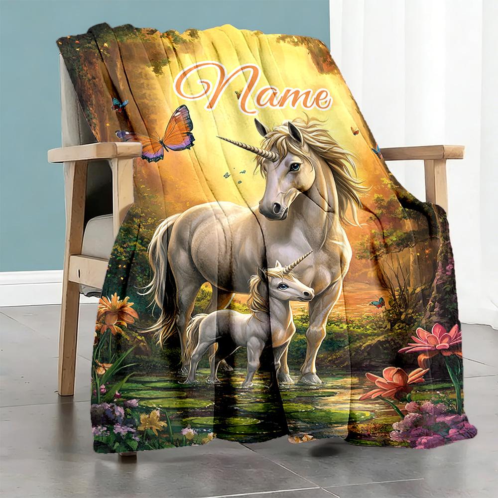 Unicorn Family Customize Your Name Blanket Throw Personalized Blanket Ultra-Soft Perfect for Bedding Seaside Nap Bed Four Seasons Multipurpose