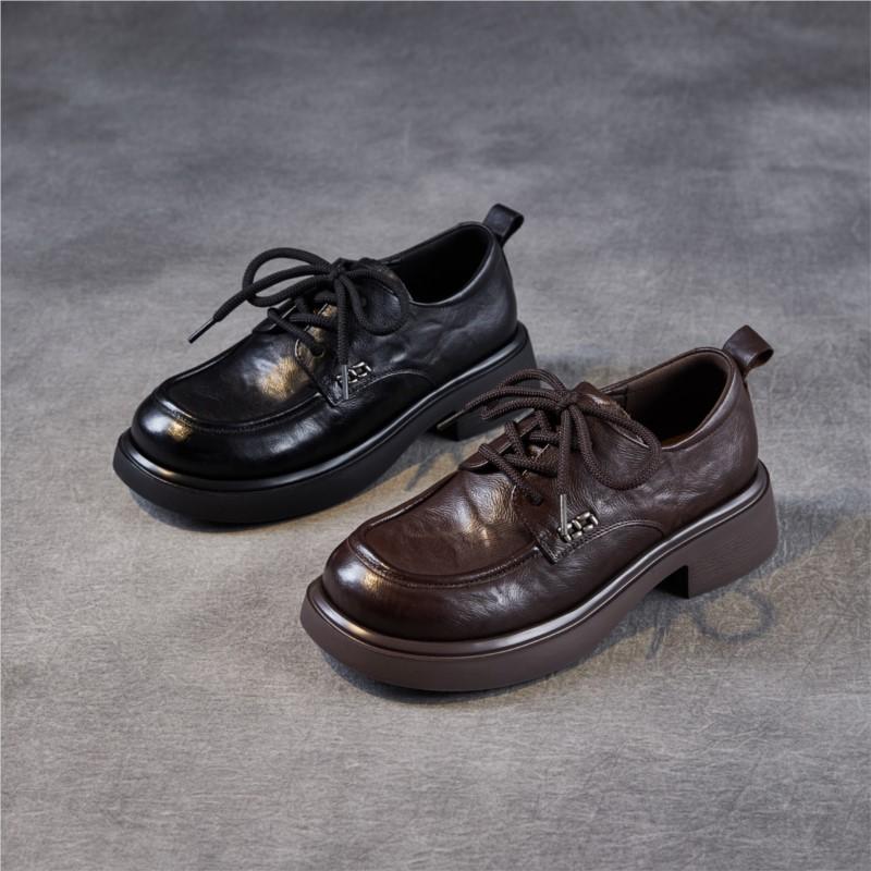 Johnature Pumps Round Toe Middle Heel Shoes Genuine Leather Lace-up Comfortable Soft Soled Thick Heel Shoes
