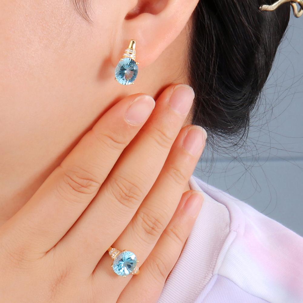 Nuevo pendiente con cierre simple de topacio de 11 quilates, piedra preciosa de topacio azul cielo natural, corte cóncavo ovalado de 10 * 12 mm, joyería fina de buena calidad para mujeres, bonito regalo