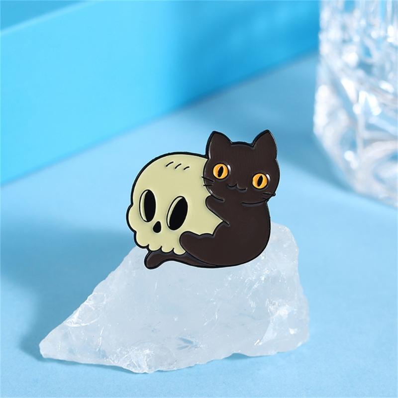 Unique Skeleton Cats Theme Metal Pin Creative Gift Mysterious Black Cats Jewelry For Gothic Culture Lovers