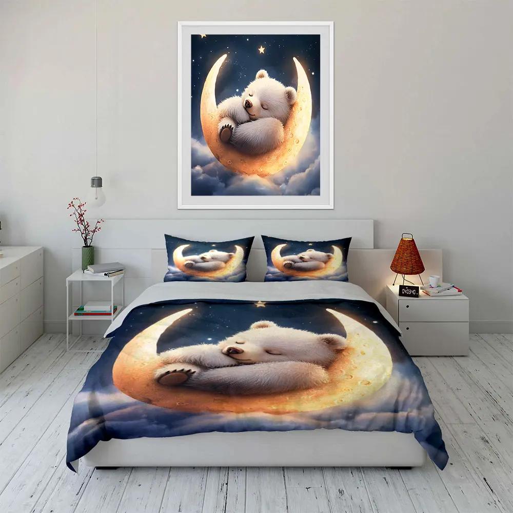 Sleeping Bear Moon Decor Set Soft Comfortable Duvet Cover Bedding Set Included 1*Duvet Cover & 2*Pillowcases gift