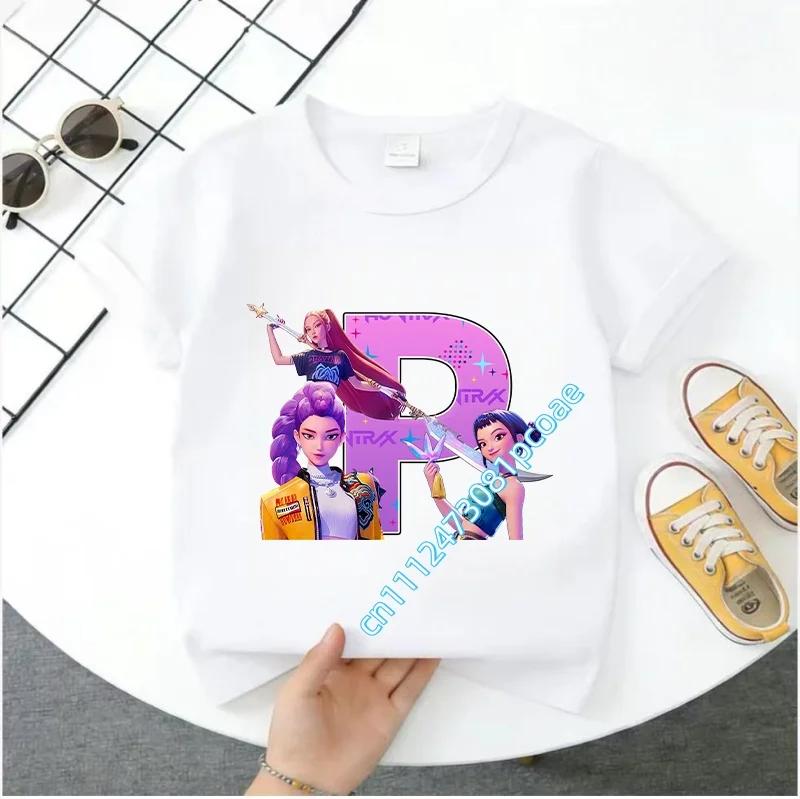 K Pop Demon Huntersd Children's Short-Sleeved Girls' Casual Shirt - Summer Pure Polyester T-Shirt with Letter A-Z Cartoon Print