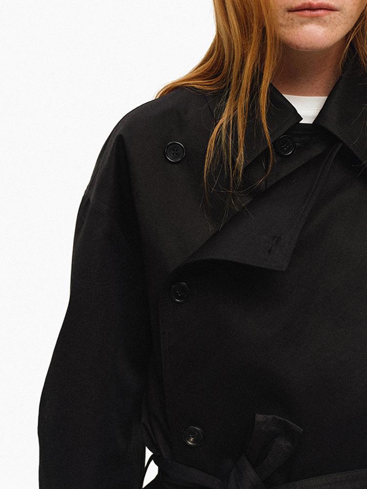 American Short Lapel Trench Coat: High-End Waist-Defining Double-Breasted Loose Long Sleeve Jacket for Women