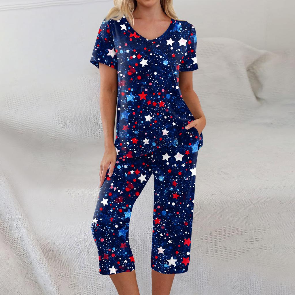 2-teilige Sets für Damen Kurzarm-Oberteil und Hose mit Taschen Sport Weiche Print-Sets