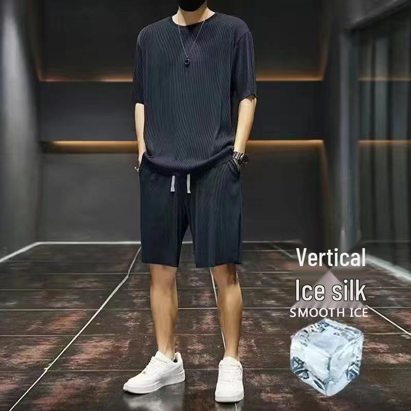 

Мужской повседневный костюм из ледяного шелка с коротким рукавом: Дышащий, быстросохнущий комплект футболка и шорты 5XL