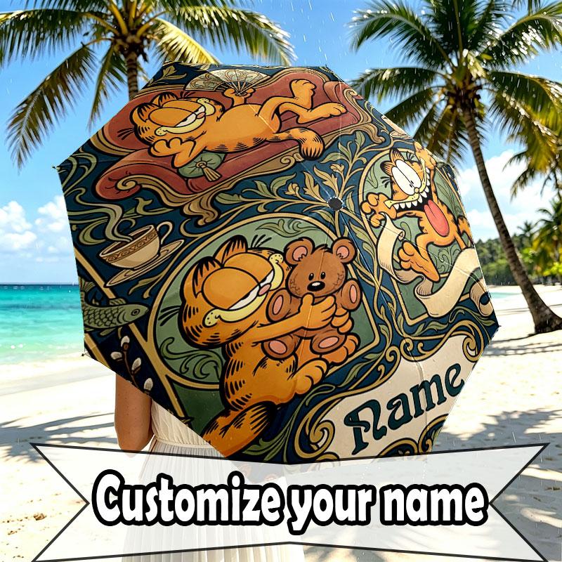 Personalisierter Garfield-Druckschirm mit individuellem Namen, Automatisches Öffnen und Schließen, Stabiler 8-Rippen-Rahmen, Für Pendeln, Camping, Wandern, Geburtstagsgeschenk