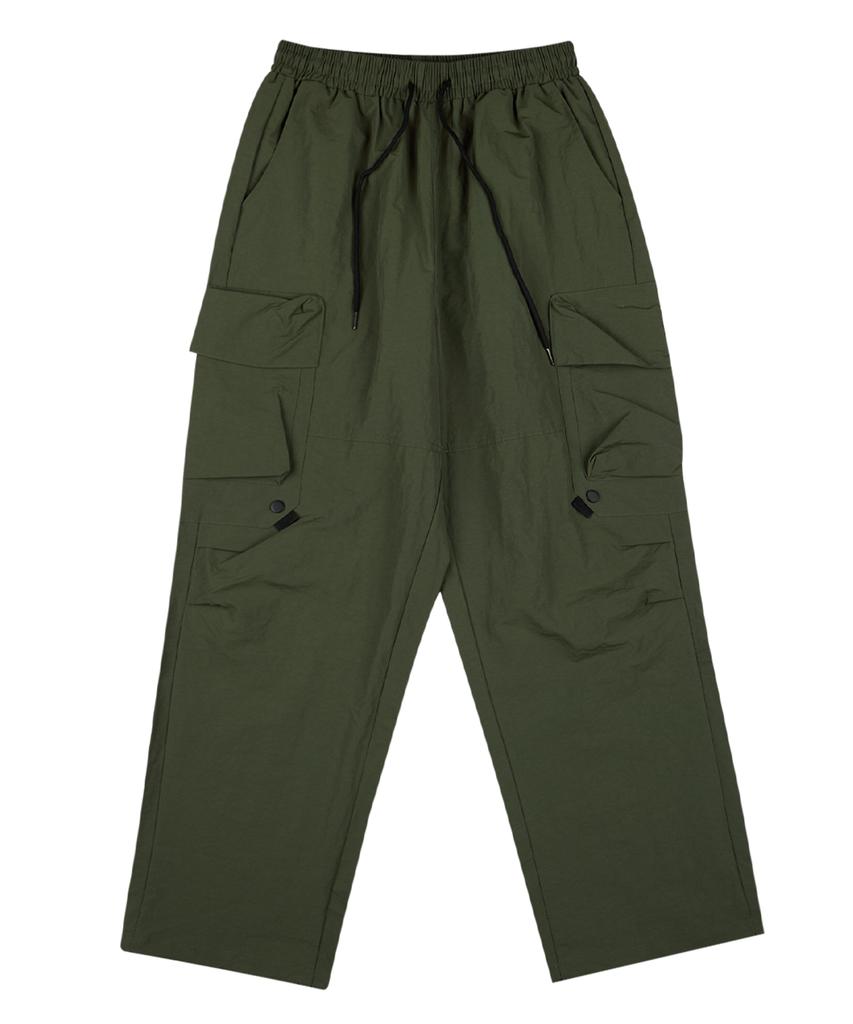 CREAM SODA LAB Wide Nylon Elastic Waist Big Pocket Cargo Pants Khaki