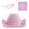 3pcs/Set Wide Brim Sparkling Powder Denim Hat Bandana Pink Cowboy Hat  Costume Party