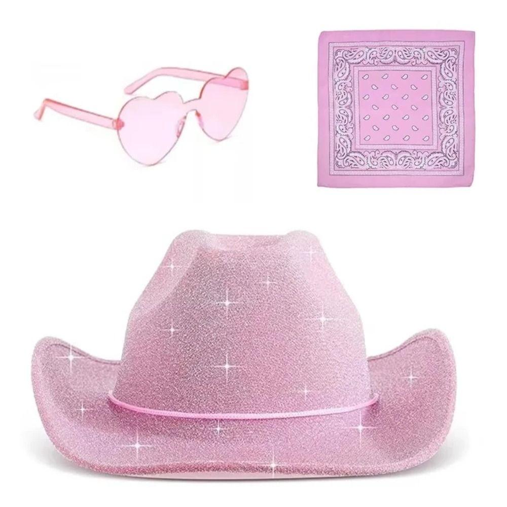 3pcs/Set Wide Brim Sparkling Powder Denim Hat Bandana Pink Cowboy Hat  Costume Party