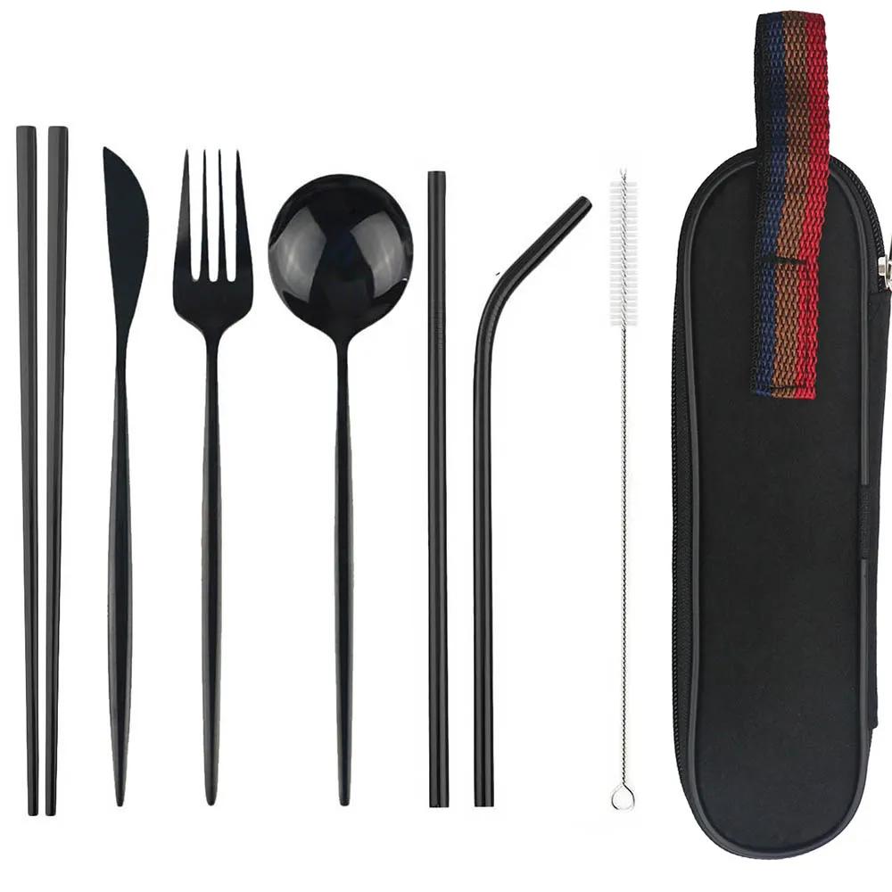 Travel Hiking Portable Dinnerware Set with Pouch Reusable Stainless Steel Straw Cutlery Knife Spoon Fork Chopsticks Silverware