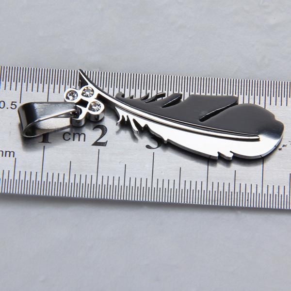 Stainless Steel Feather Necklace Charm Pendant W/ Rhinestone - Silvery