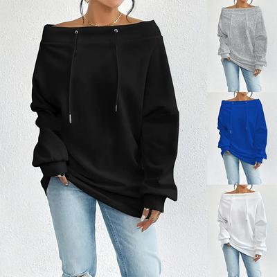 Sweatshirt ample à manches longues et épaules dénudées pour femme - Uni - Cordon de serrage - Col bateau - Haut pull décontracté