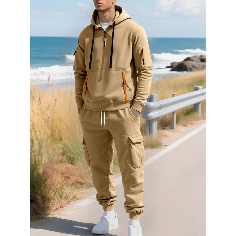 Mens Fleece-Lined Hooded Sweatshirt Cargo Pants Set Casual Streetwear Outfit Winter