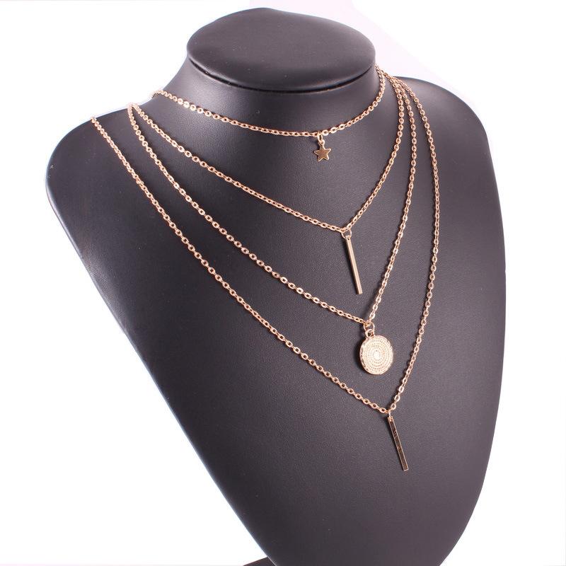 C131 New Product Five-Pointed Star Round Disc Geometric Necklace Fashionable Personality Multi-Layer Necklace 4 Layers