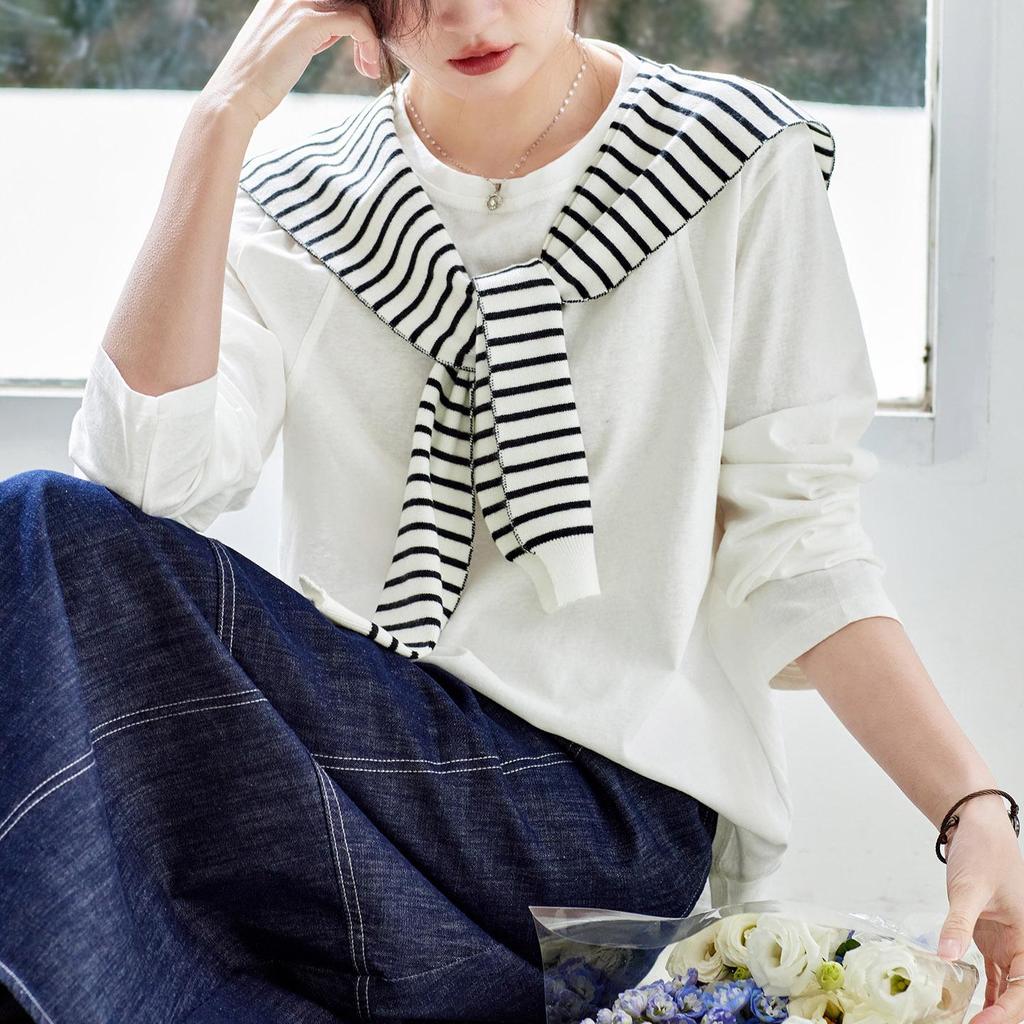 Women's Long Sleeve White Combed Cotton T-Shirt with Striped Knit Shawl - New Style for Spring 2026.