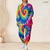 Women Plus Size Colorful Printed V Neck Long Sleeve Nurse Scrub Set With Pockets Top And Long Pants