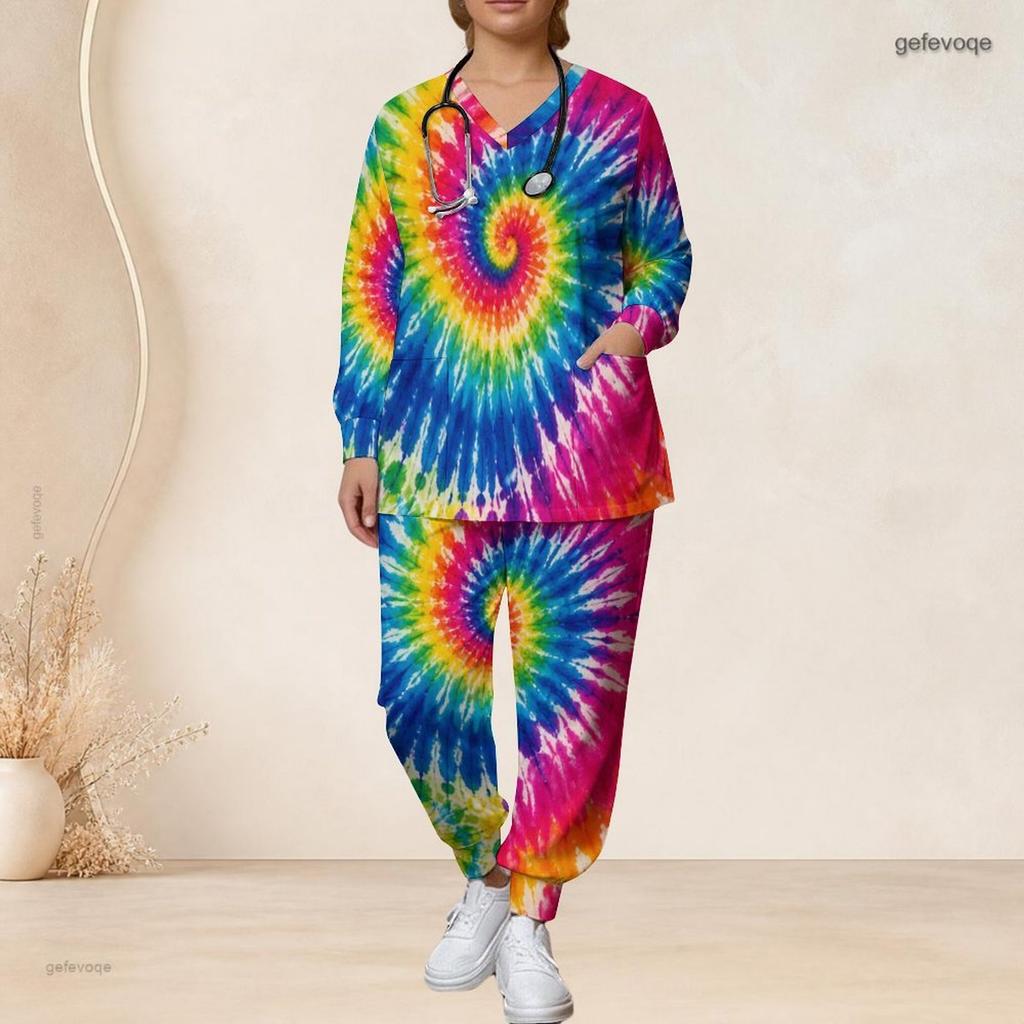 Women Plus Size Colorful Printed V Neck Long Sleeve Nurse Scrub Set With Pockets Top And Long Pants