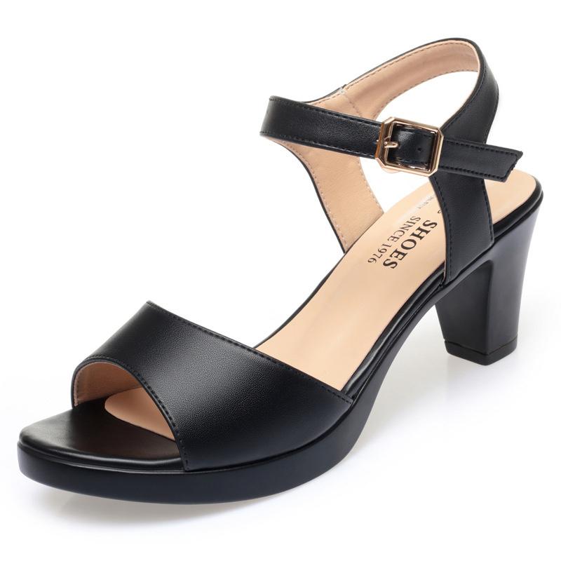 Fashion Elegant Women Fashion Black Comfort Summer Hollow Open Toe Square Heel Shoes Spring Buckle Strap Heel Fish Mouth Sandals