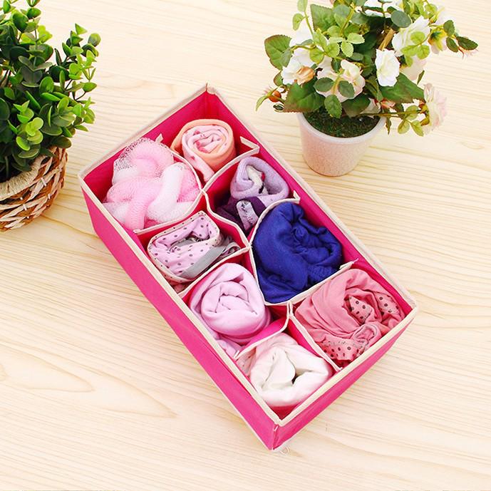 Beige & Rose Red 4-Piece Underwear Storage Set: Fabric Box for Socks & Bras with 6, 7, or 8 Grids.