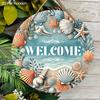 Welcome Seashell Coastal Round Wooden Hanging Sign, 2D Flat Wooden Nautical Front Door Decor