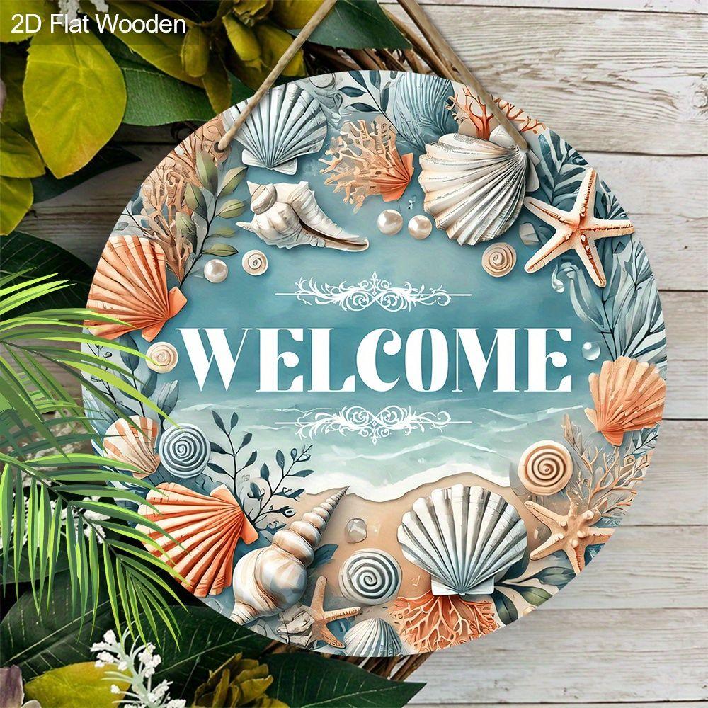 Welcome Seashell Coastal Round Wooden Hanging Sign, 2D Flat Wooden Nautical Front Door Decor