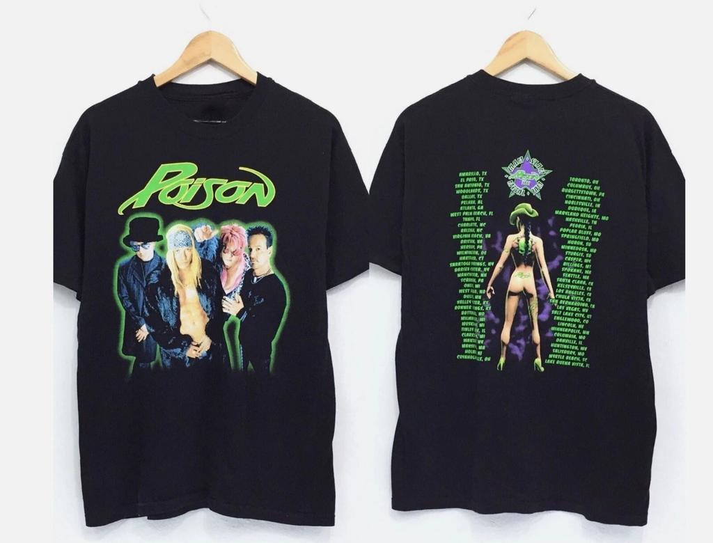 Maglietta nera unisex stile retrò a 2 lati dei Poison anni '90 Vtg