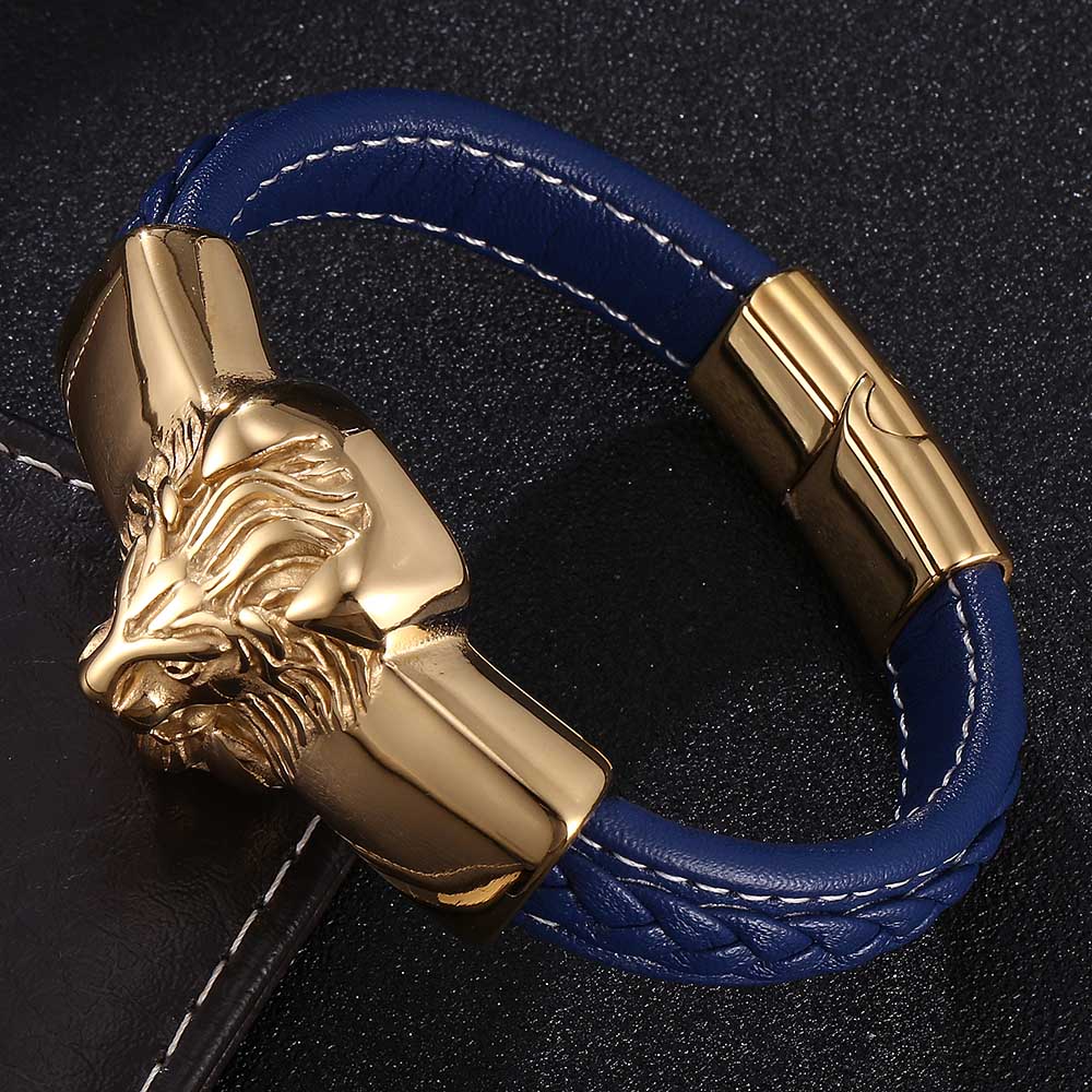 New Mens Bracelets Leo Lion Stainless Steel Clasp Black Leather Bracelet Cuff Wristband Fashion Jewelry