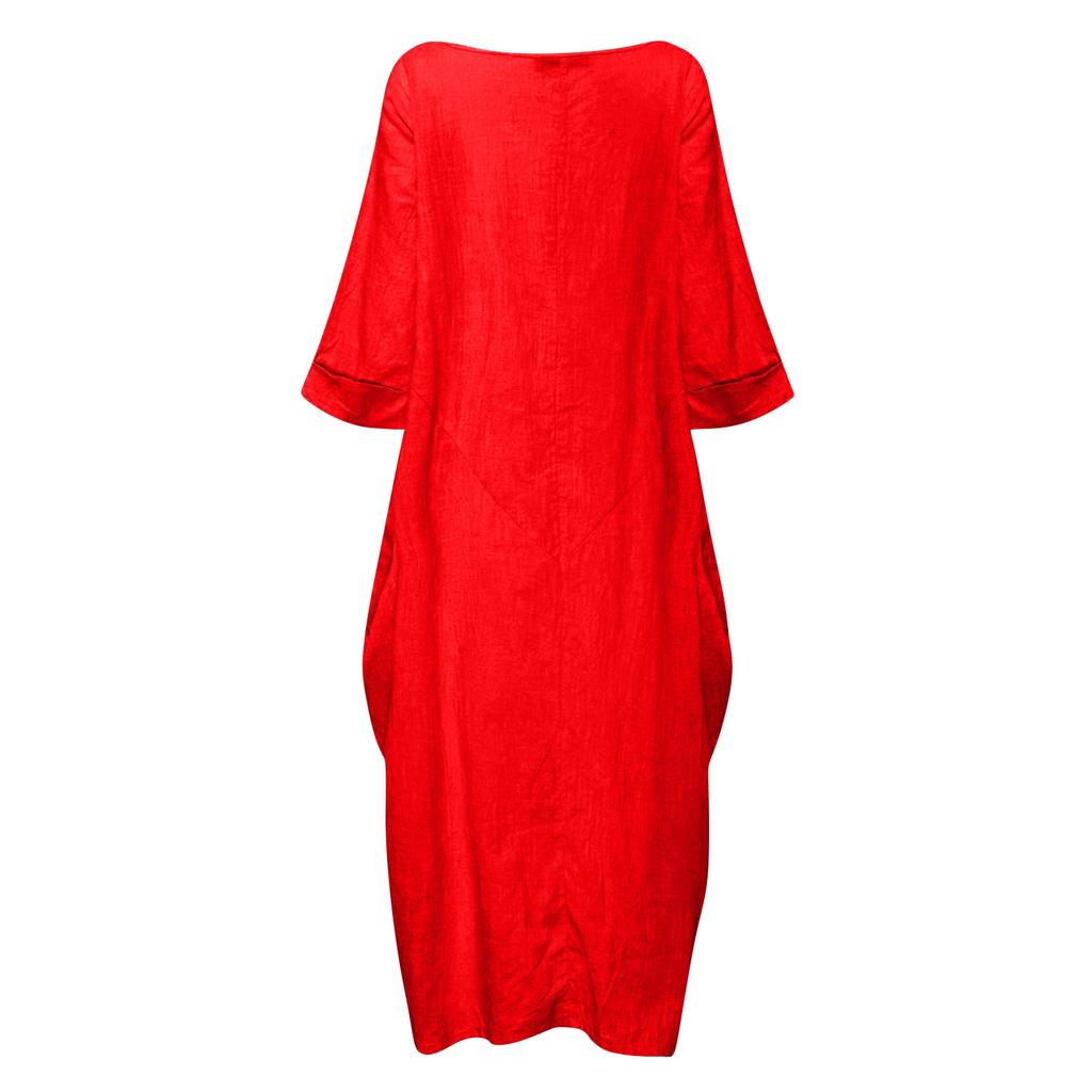 Women's Fashionable Color Round Neck 3/4 Sleeved Cotton Linen Casual Vacation Loose Long Dress
