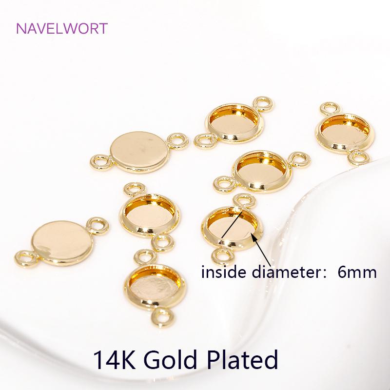 6/8/10mm 14K Gold Plated Cabochon Blank Tray Charms Connectors For DIY Bracelets Necklaces Jewelry Making Accessories Supplies