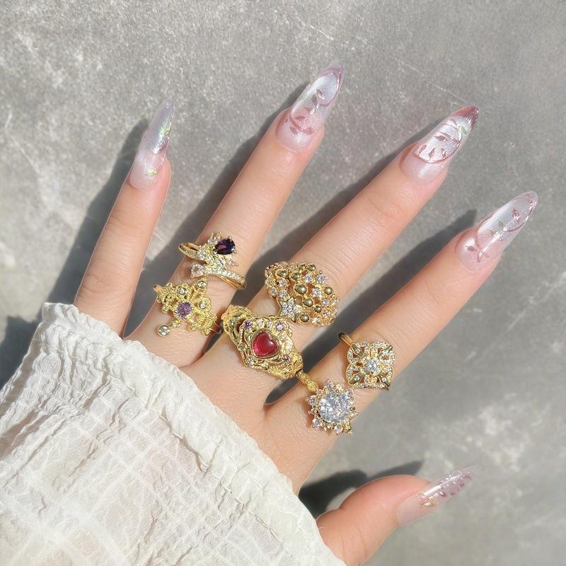 Medieval Jewelry Light Luxury Imitation Colored Treasure Open Ring Love Full Of Diamonds Zircon Retro Ring