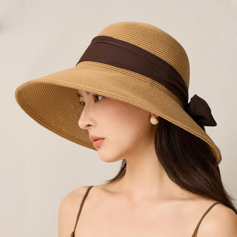 Summer Big Brim Sunscreen Straw Hat Bow Ribbon Vacation Travel Sunshade Fisherman Hat