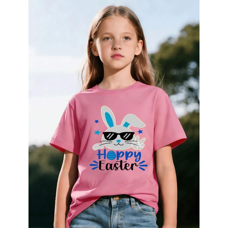 European Sizes Children Girls and Boys Cartoon Style Rabbit Pattern T-Shirt - Stylish Black Background, Trendy Sunglasses Rabbit, Hoppy Easter Design