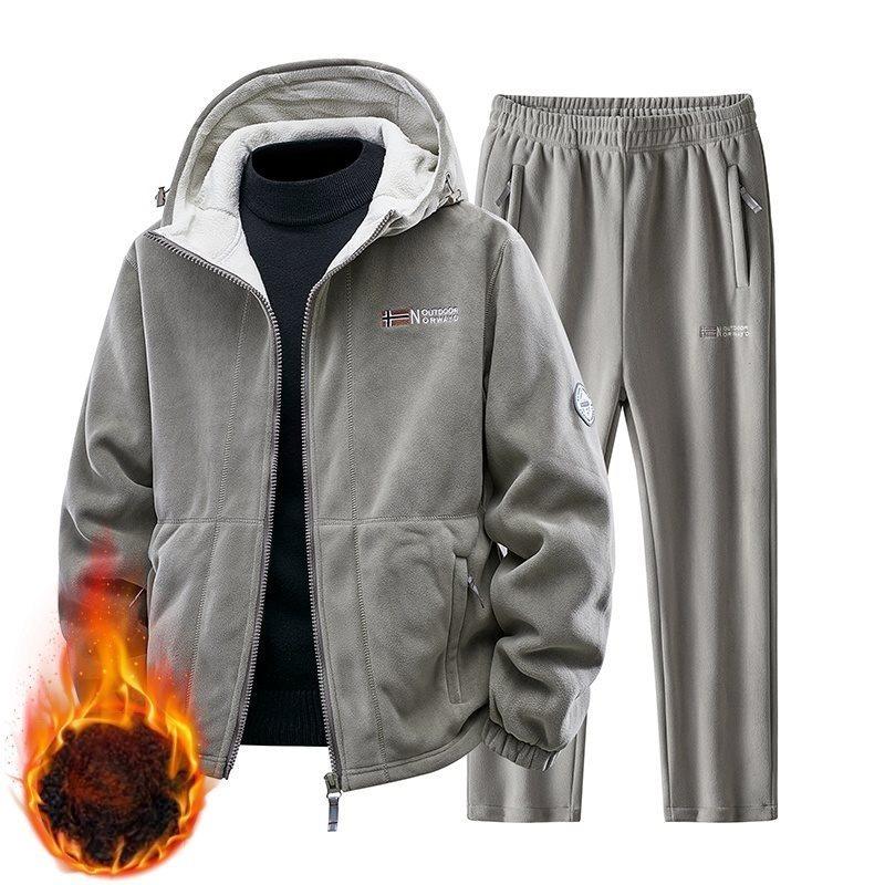 Autumn Winter Men Fleece Tracksuit Casual Set Joggers Hooded Sportswear Jackets + Pants 2 Piece Sets Hip Hop Running Sports Suit