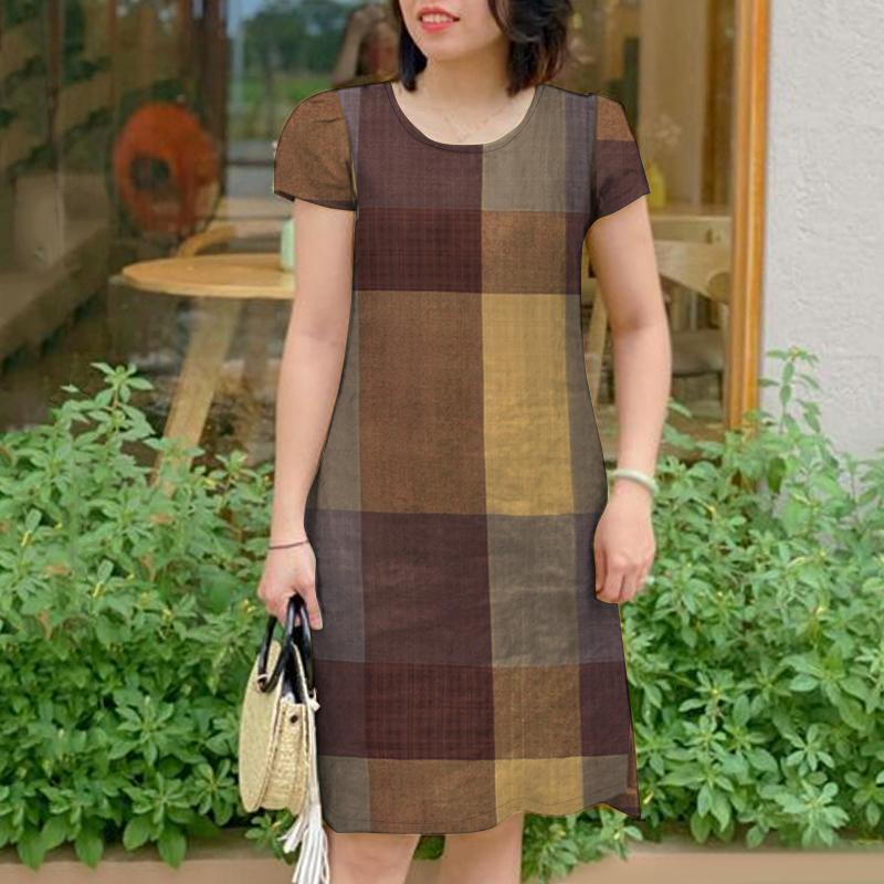 

ZANZEA Womens Summer Round Neck Short Sleeve Grid Print Dress M жовтий