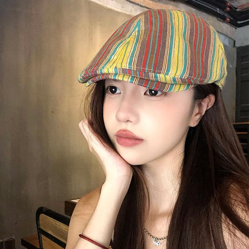 Retro Color Matching Striped Forward Hat Women's Autumn and Winter Casual Versatile Face Small Reverse Wearing Duck Tongue Beret