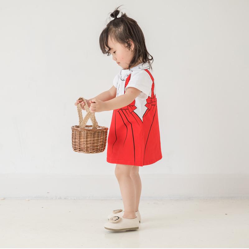 Summer Girls' Bow Print Cotton A-line Dress with Short Sleeves