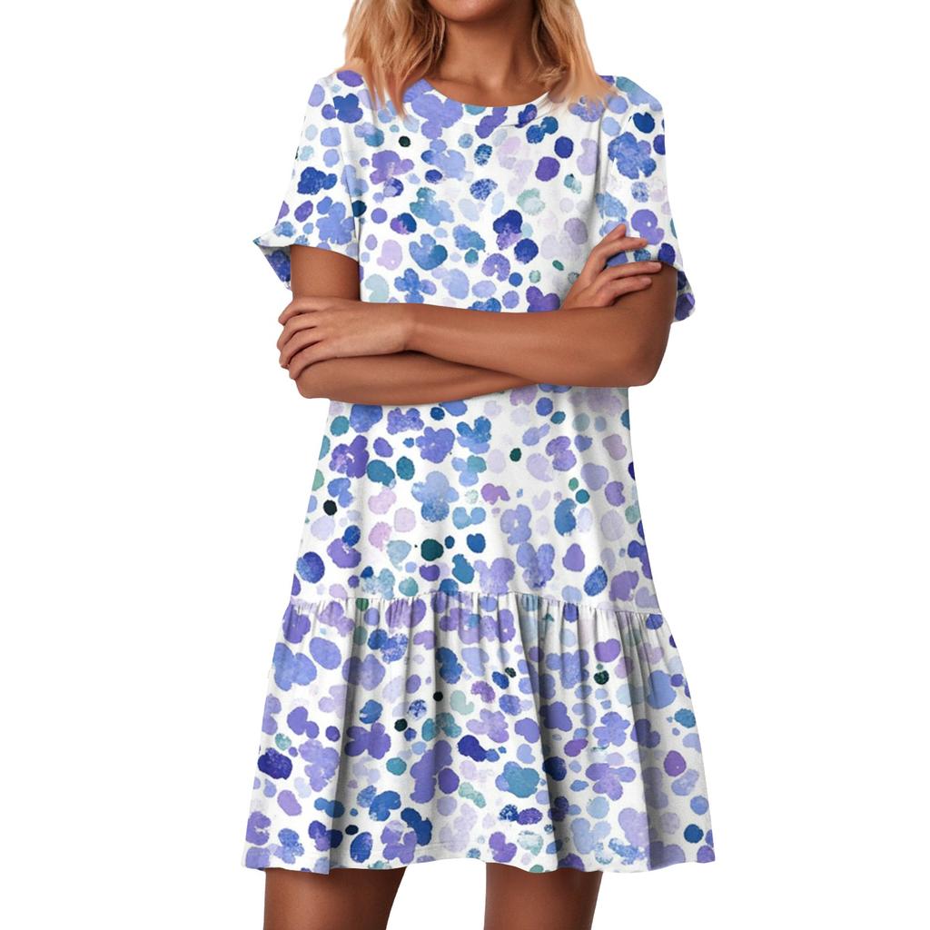 Women's Fashion Casual Round Neck Short Sleeve Ruffled Vintage Printed Dresses