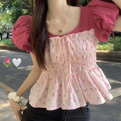 Sweet Puff Sleeve Slim Shirring Blouse Summer Broken Flowers Spliced Women's Clothing O-Neck Fashion Drawstring Bow Waist Shirt