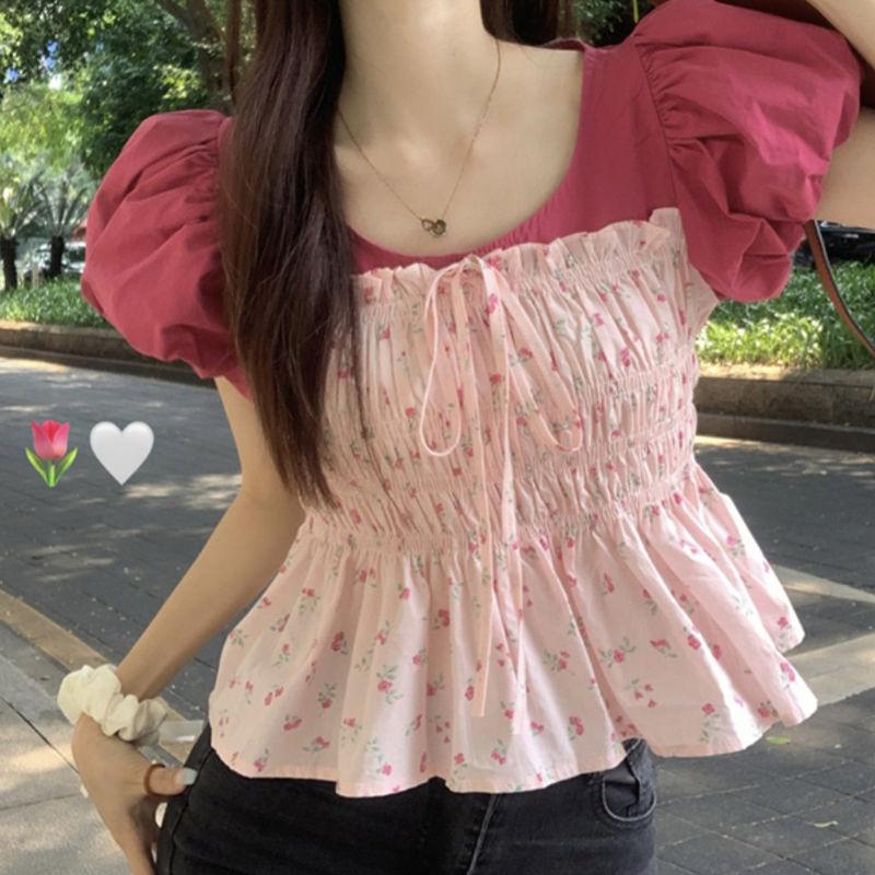 

Милая блузка с пышными рукавами и тонкой сборкой, летняя, с принтом из ломаных цветов, комбинированная, женская одежда, с круглым вырезом, модная, с кулиской и бантом на талии S красный