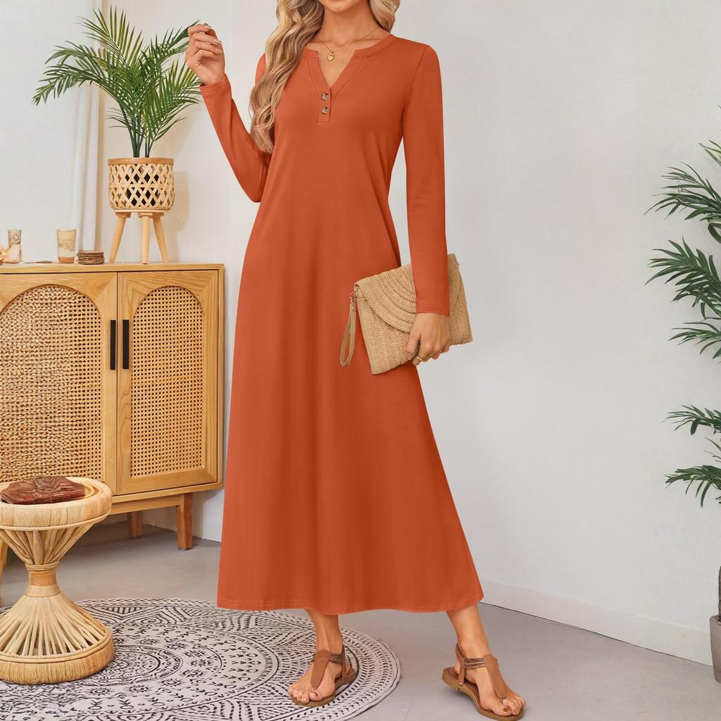Women Solid-color Long-sleeved Comfortable Loose Dress, Elegant Dress