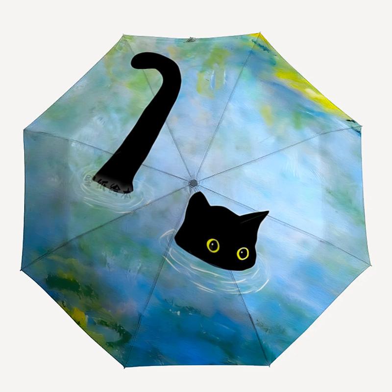 1 Stück Katzenwasser Automatischer Aufklappbarer 8-Rippen Winddichter Regenschirm, Reise & Pendeln, Geeignet für Alle Jahreszeiten