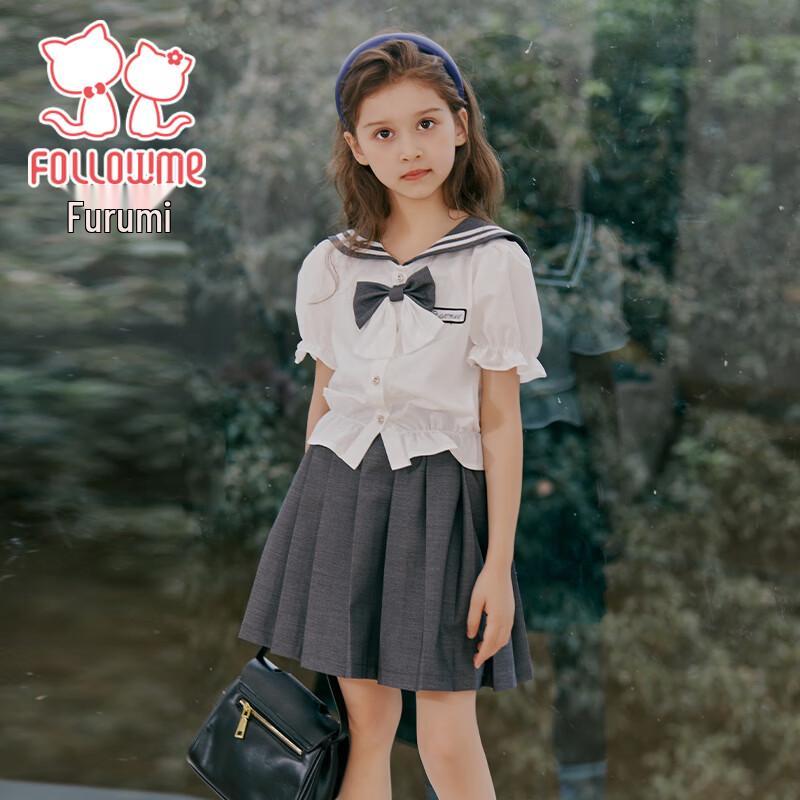 Girls  Summer Academy Style JK Shirt and Pleated Skirt Set 140