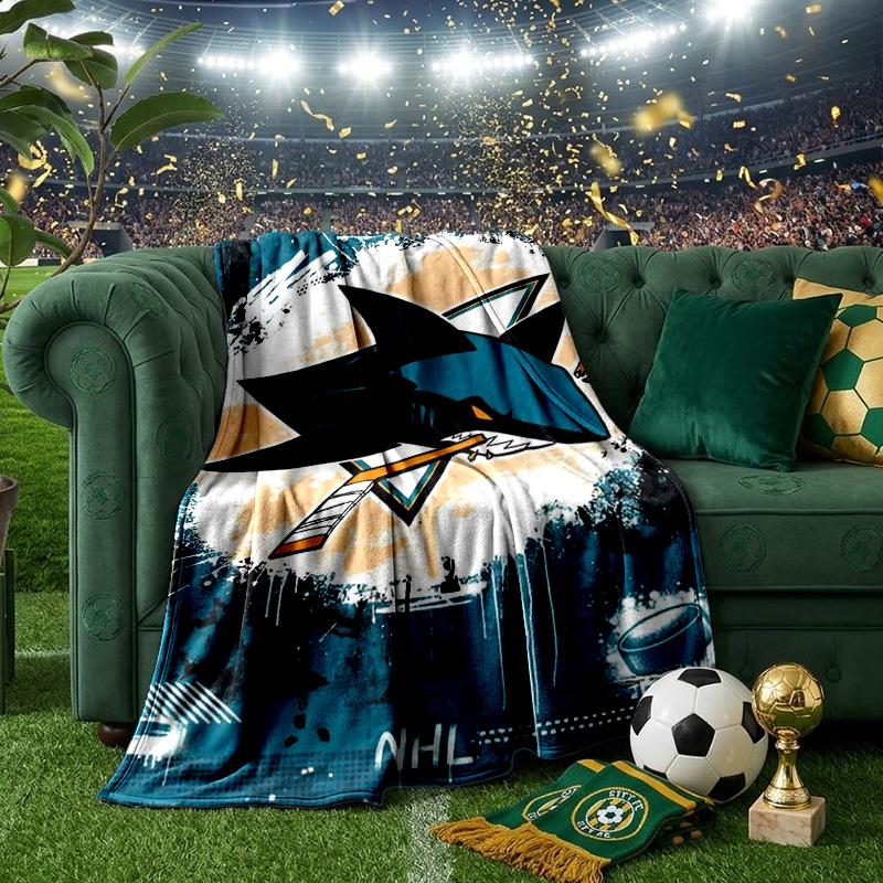 San-Jose Sharks Hockey Throws Blanket Flannel Blankets Plush for Couch Bed Gifts for Men Women Travel Picnic Blanket Christmas Fan Gifts