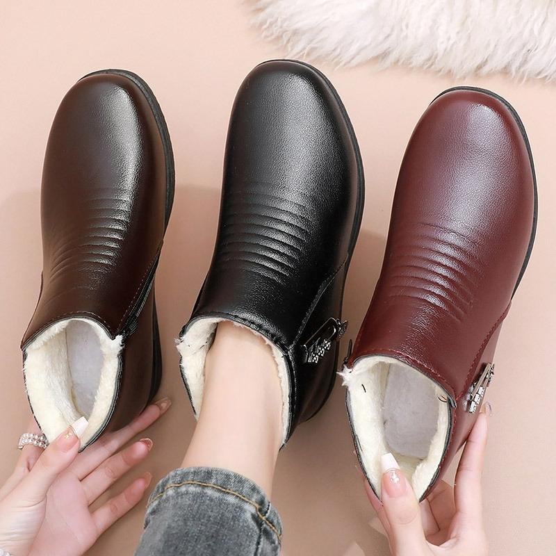 Winter Shoes, Cotton Shoes, Soft-soled Short Boots, Women's Plus Velvet Warm Boots, Flat-bottomed Middle-aged Cotton Leather Shoes