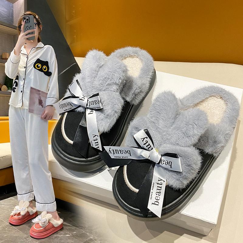 Fashion Women's Cotton Slippers Winter Sweet Thick-soled Wool Cotton Shoes Home Cute Plus Velvet Shoes Women's Warm Anti-ski Boots